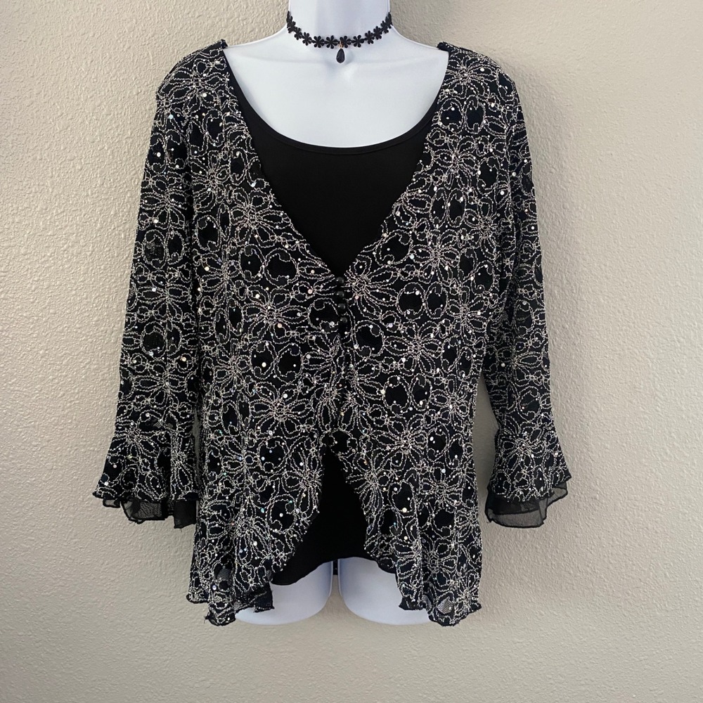 Black Whimsygoth Top Large Dark Feminine Romantic Witchy Fairycore Sequin Ruffle